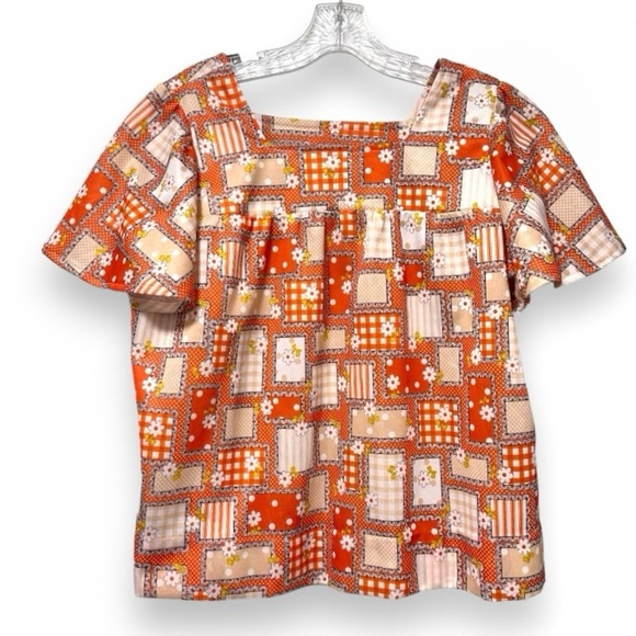 Vintage 60s/70s Orange Floral Short Sleeve Top Retro Boxy Women’s Size XL Boho - Picture 1 of 16